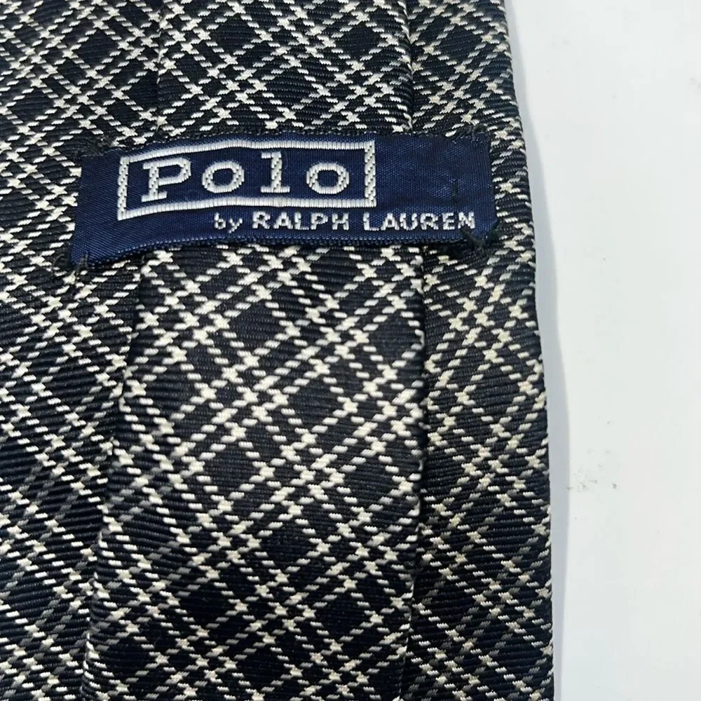 POLO RALPH LAUREN Handmade Midnight Blue and Offwhite Plaid Pattern Silk Tie